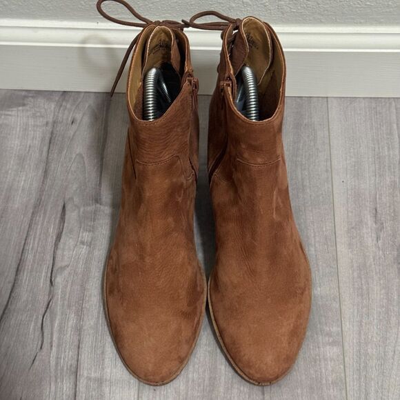Lucky Brand Women's 6.5 Brown Suede Ankle Boots Block Heel Side Zip Lace back - Picture 4 of 7